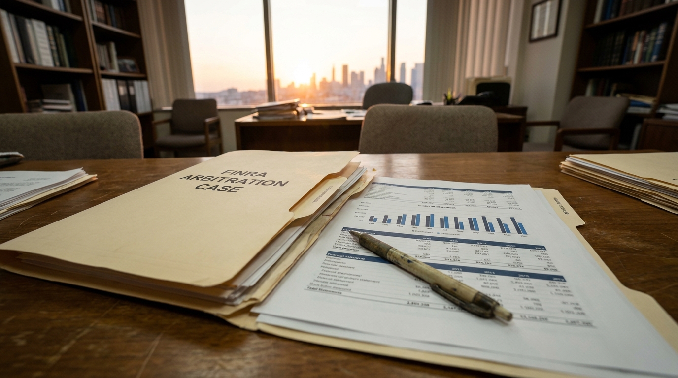 FINRA Arbitration Case folder with financial statements and pen on office desk