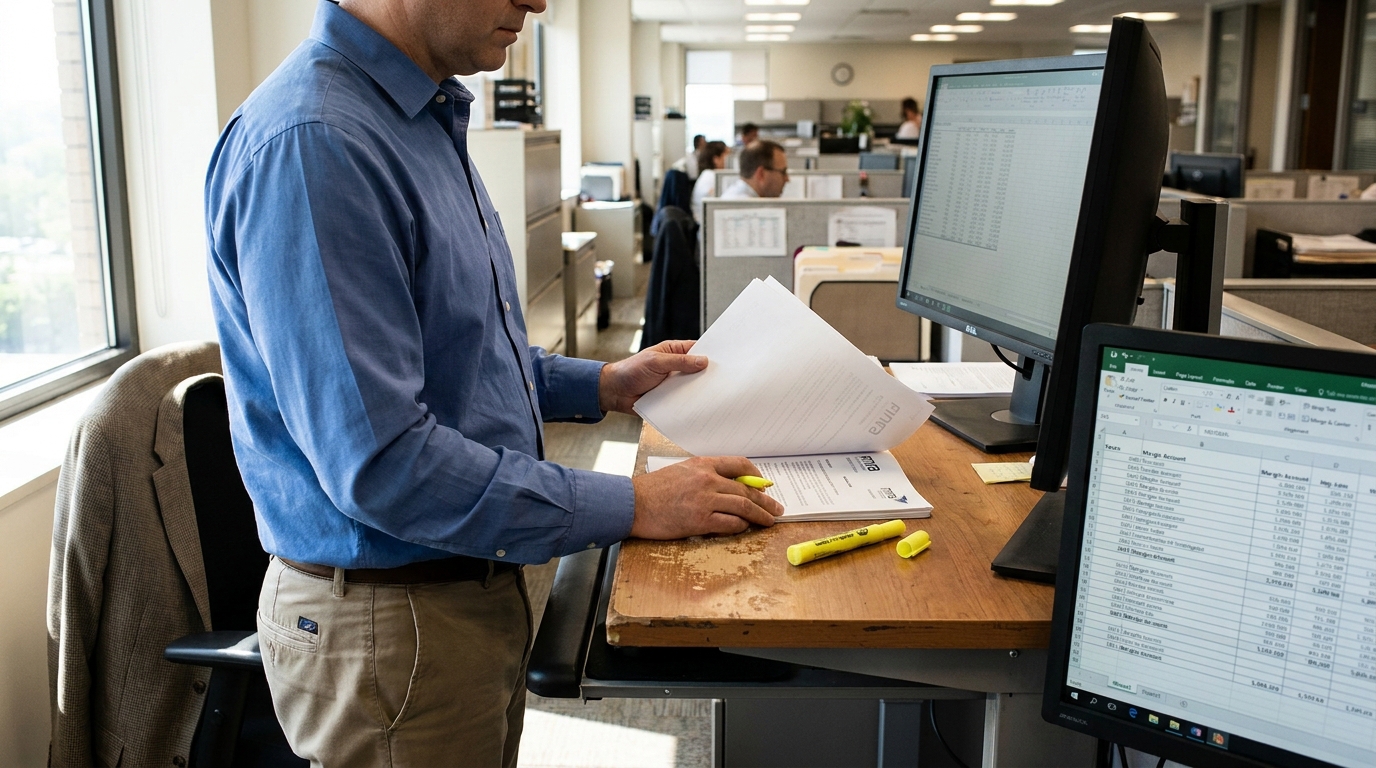 professional reviewing printed documents at standing desk beside dual monitors displaying spreadsheets