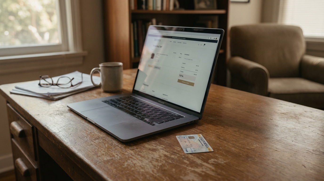 laptop displaying online shopping cart total beside California ID card on wooden desk