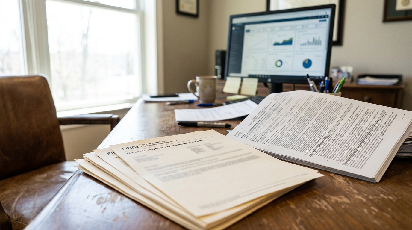 FINRA broker compliance brokerage account statements spread across wooden desk with financial charts on monitor