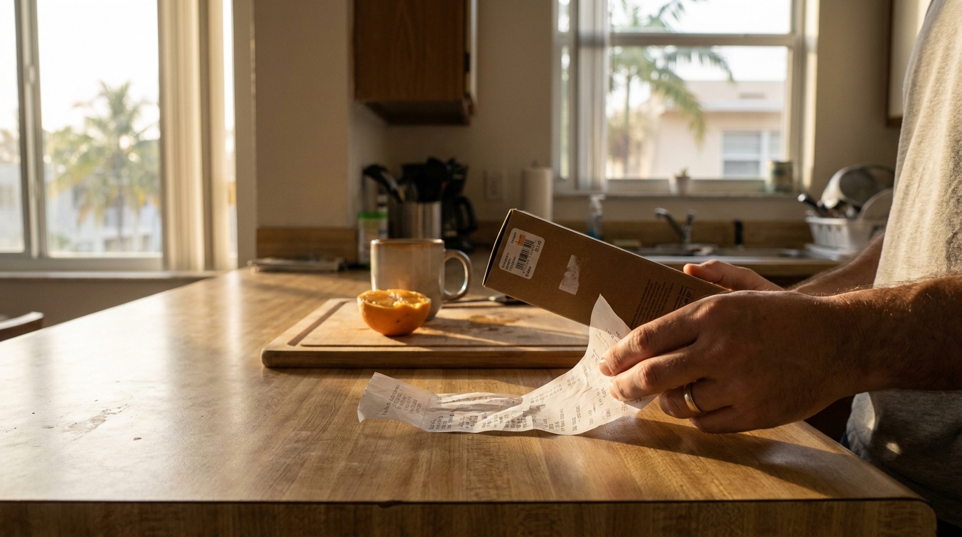person holding product box and receipt on kitchen counter at home
