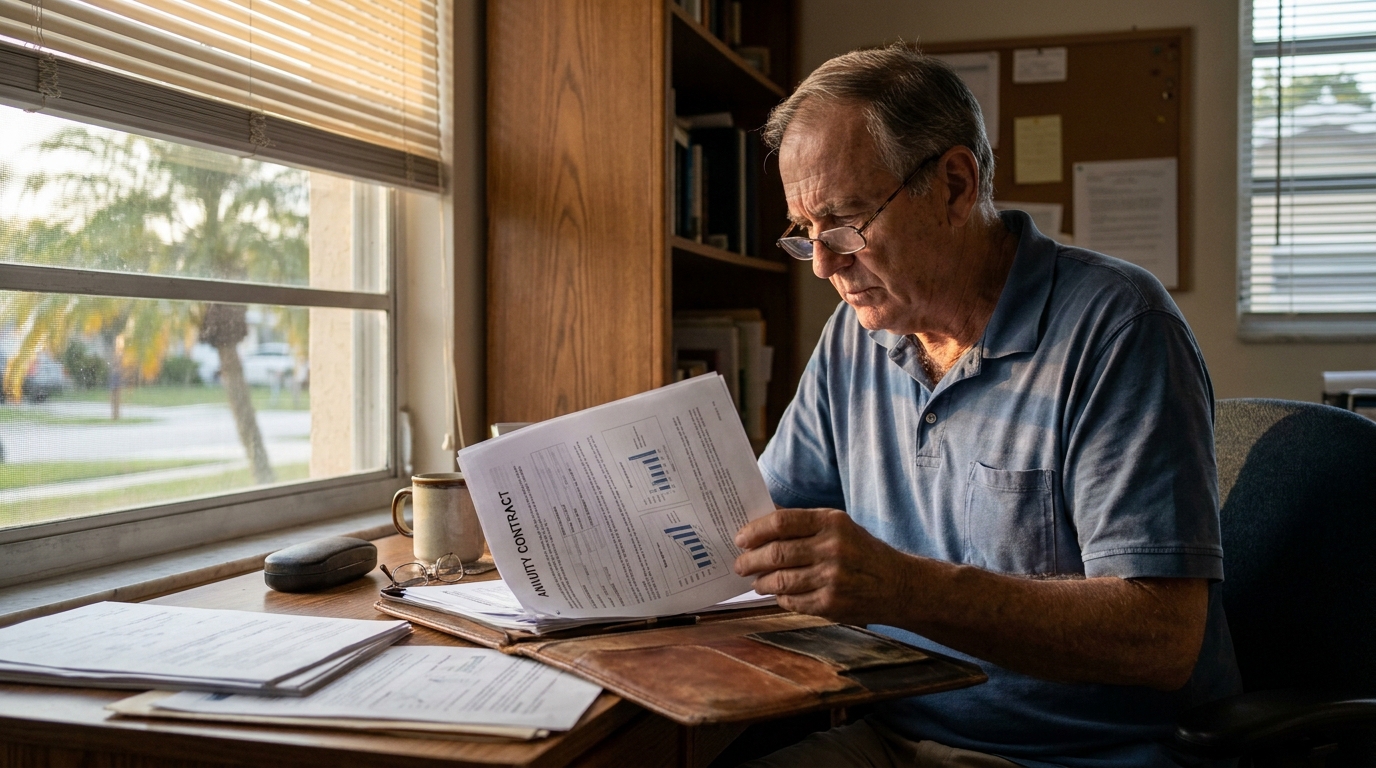 older man wearing glasses reviewing annuity contract documents at home desk