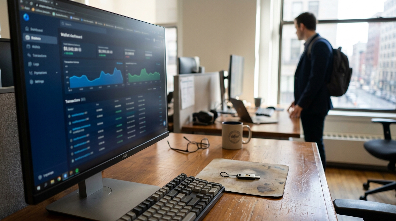 Dell monitor displaying wallet dashboard with transaction charts on office desk