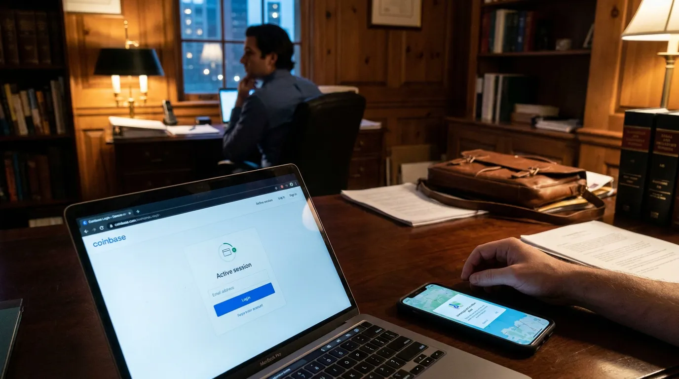 Coinbase login page open on laptop in wood-paneled law office