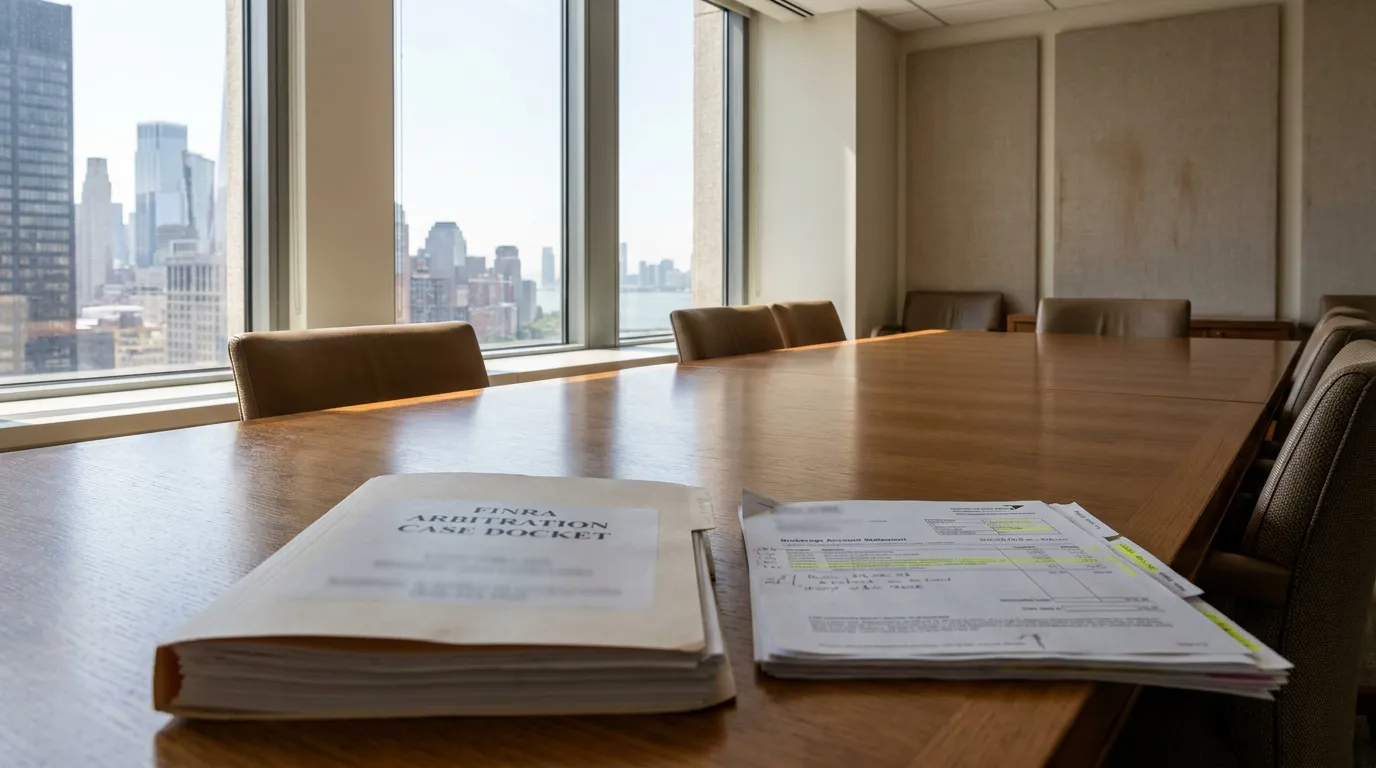 FINRA Arbitration Case Docket and brokerage account statement on conference room table