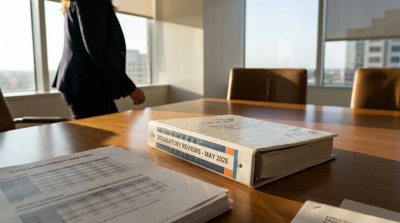 FINRA Regulatory Reviews May 2026 binder on conference room table with structured product term sheet