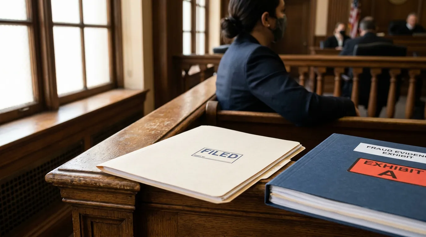 Filed document folder and Fraud Evidence Exhibit A binder on courtroom bench