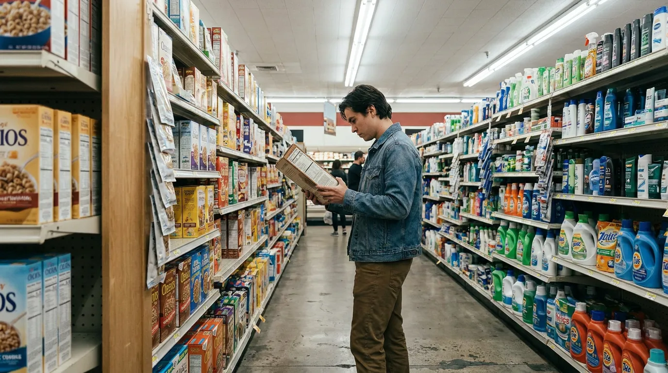 man reading product label in grocery store aisle stocked with consumer goods