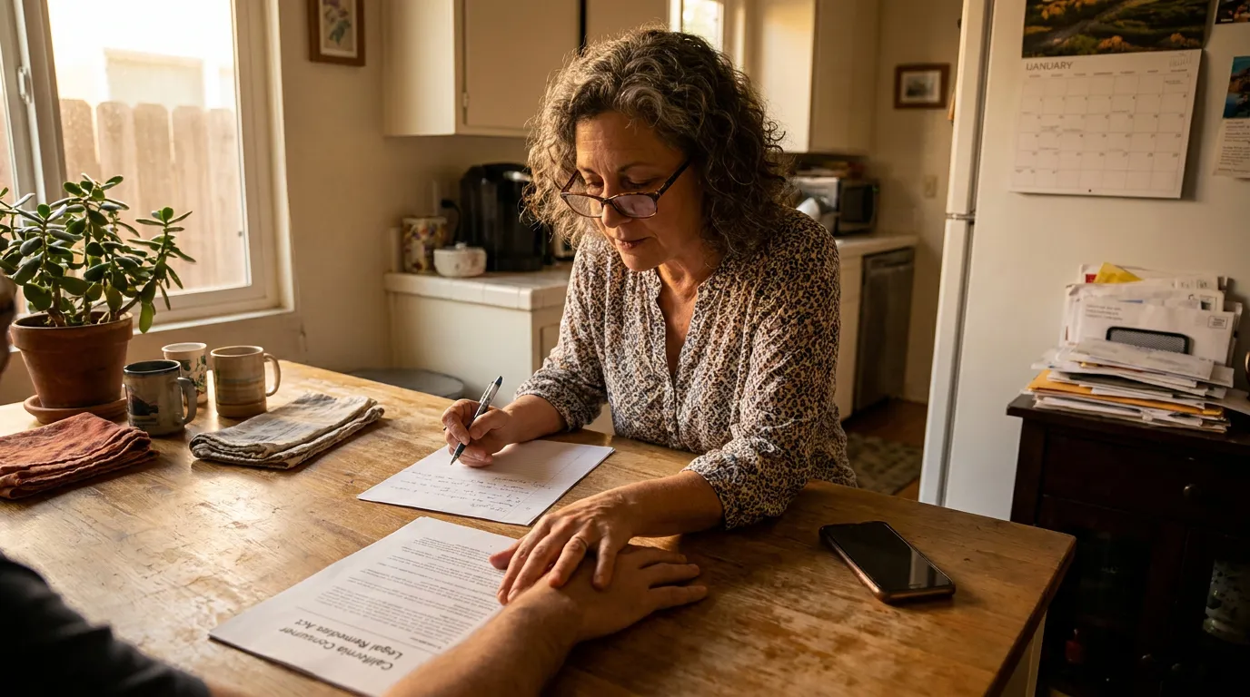 woman signing California Consumer Legal Remedies Act document at kitchen table