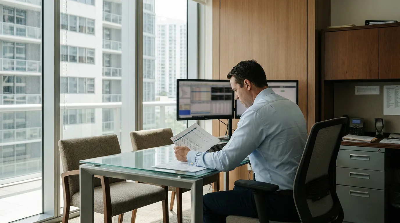 attorney reviewing printed document at desk with dual monitors in high-rise office