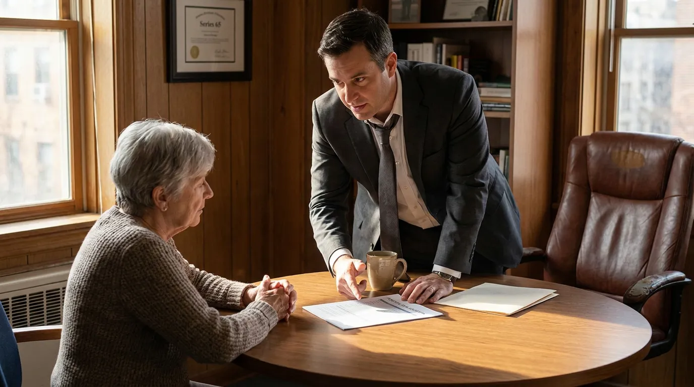 suited professional pointing at document on desk during elderly client meeting