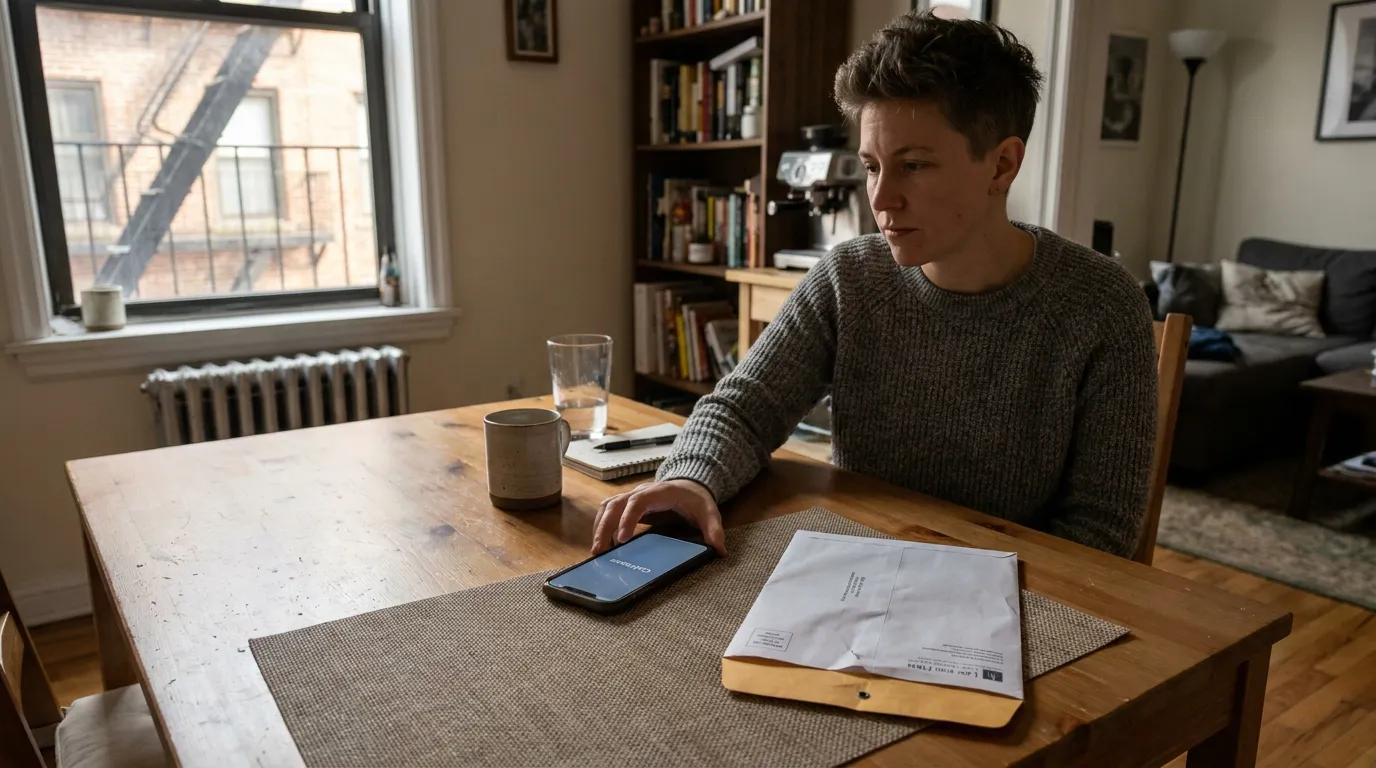 person seated at table with smartphone and envelope documents nearby