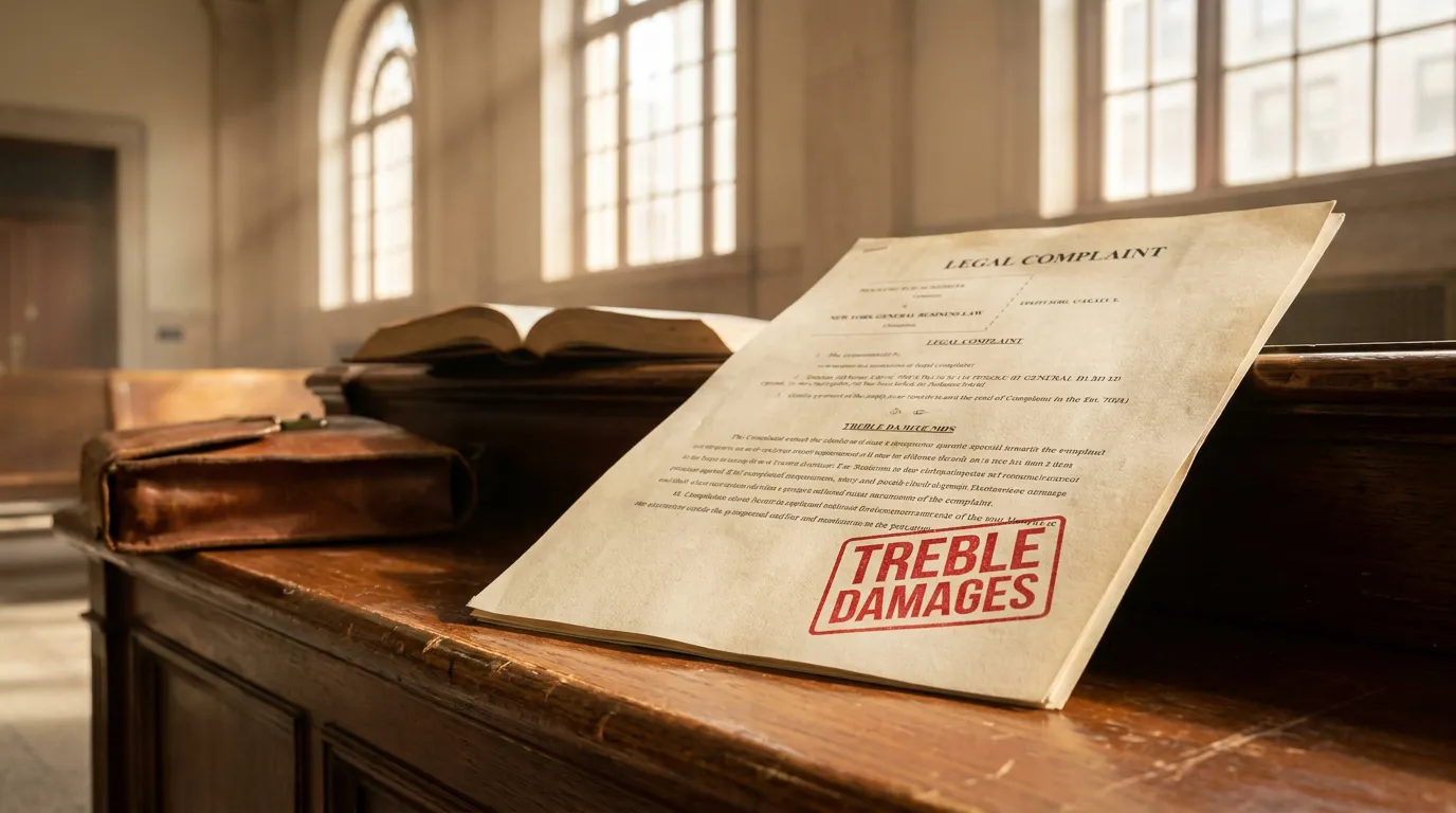 Legal complaint document stamped Treble Damages resting on courtroom bench