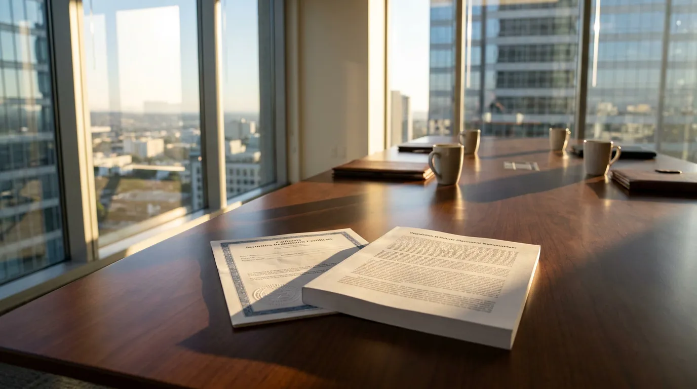 Securities Registration Certificate and Regulation D Private Placement Memorandum on conference table