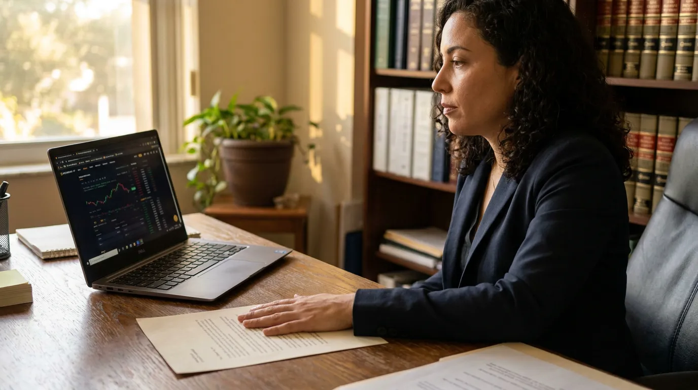 attorney reviewing financial trading charts on laptop with legal documents and law books