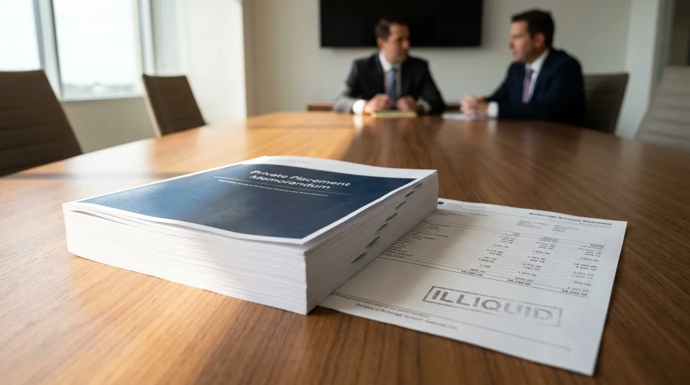 Private Placement Memorandum and Illiquid-stamped brokerage account statement on conference table with two attorneys