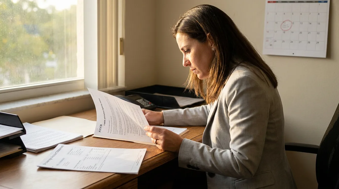 attorney reviewing FINRA arbitration eligibility document at office desk