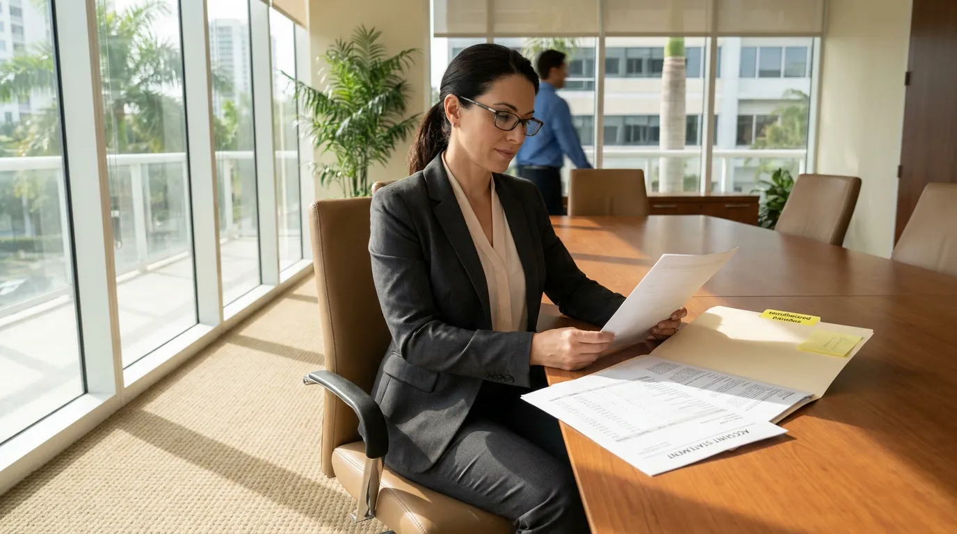 attorney in suit reviewing account statement documents at conference room table