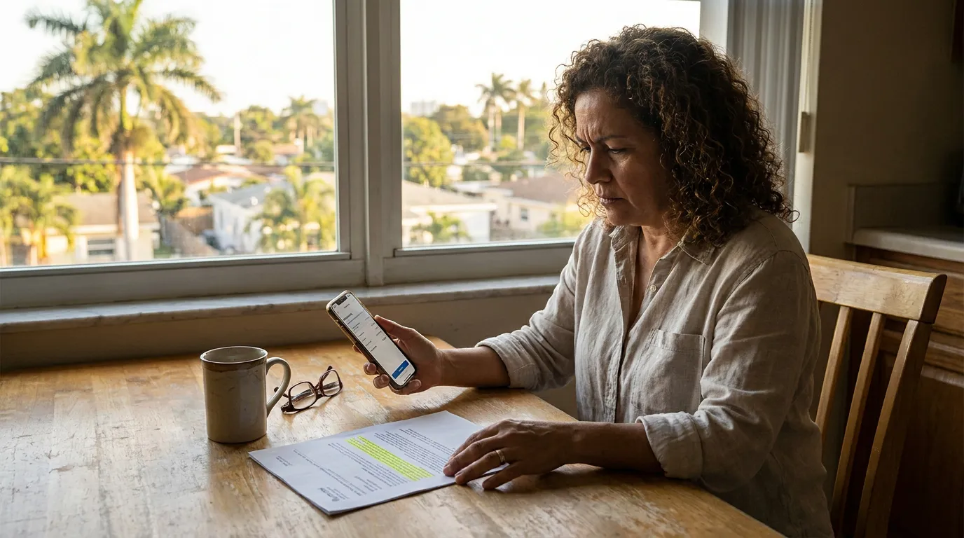 woman at table reviewing highlighted document while holding smartphone