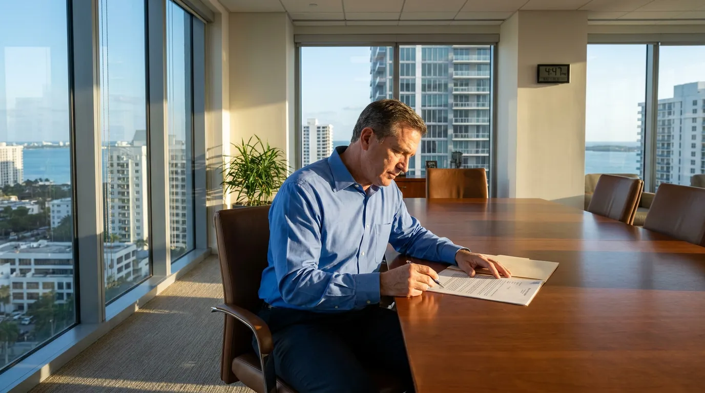 attorney reviewing legal documents at conference room table with city skyline view