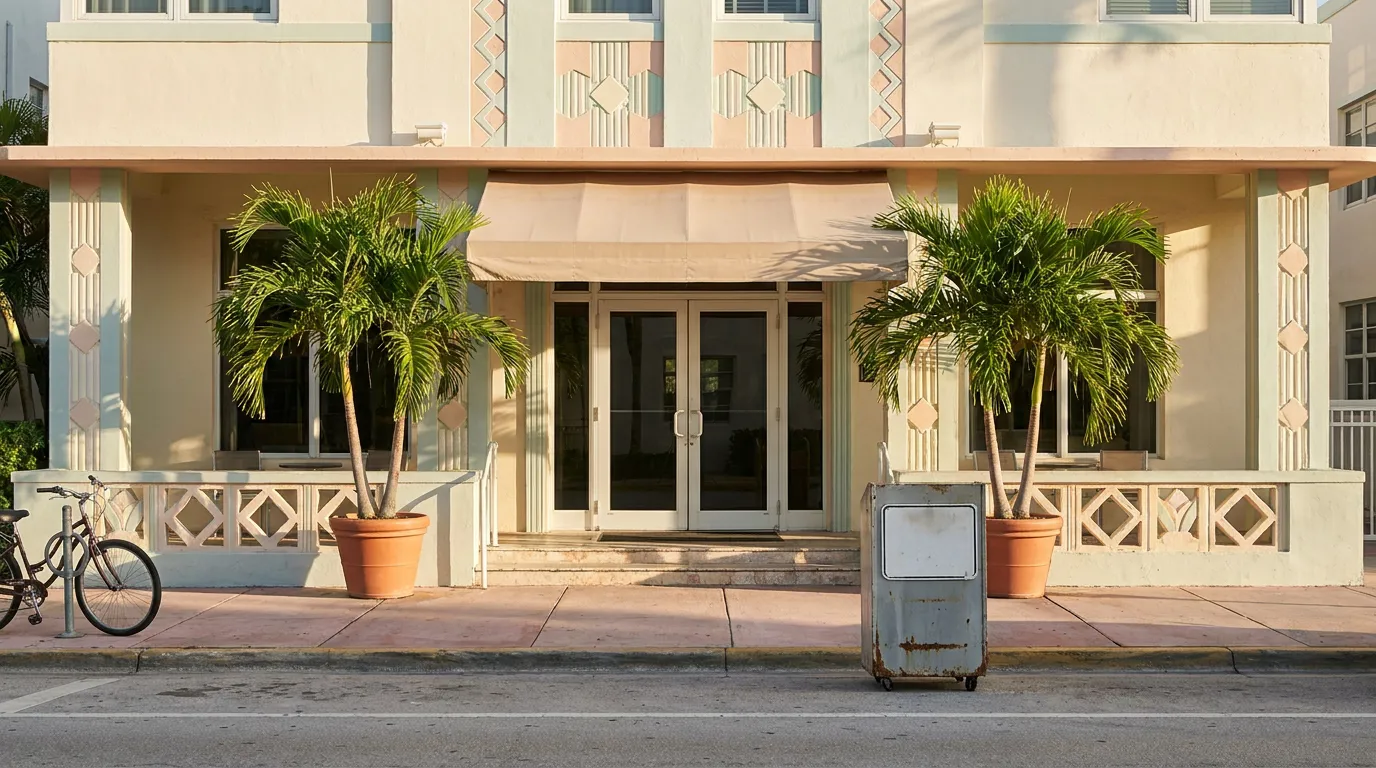 Art Deco building entrance with double doors, canopy awning, and flanking potted palm trees