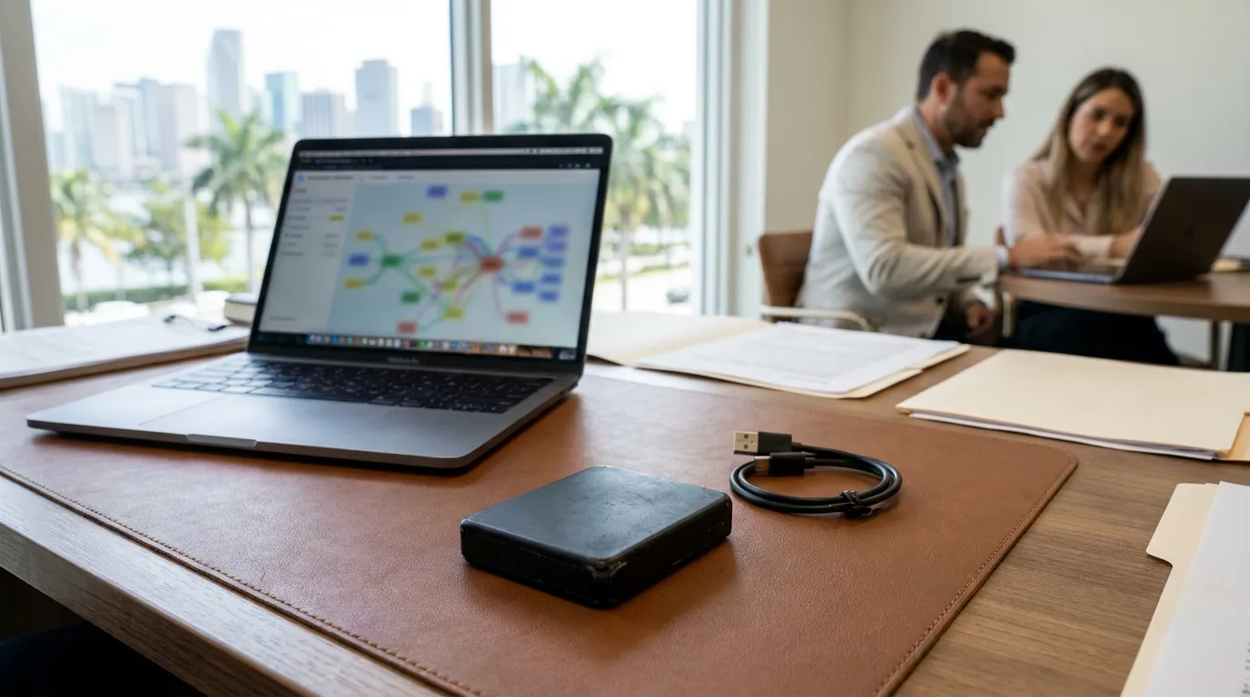laptop displaying mind map diagram on desk with external hard drive and USB cable