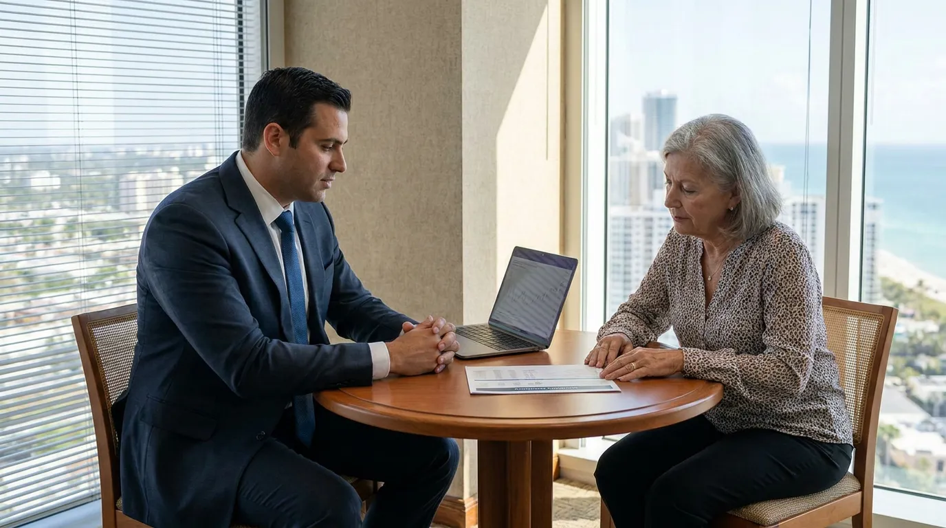 suited attorney and older female client reviewing documents at office table with laptop