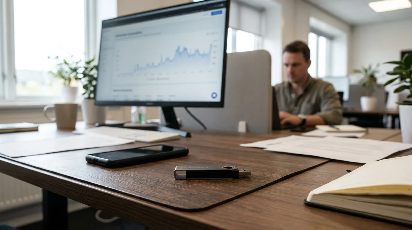 professional at desk with monitor displaying data chart, smartphone, and open notebook