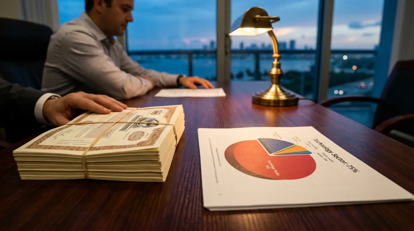 attorney at desk reviewing stock certificates beside Technology Sector pie chart report