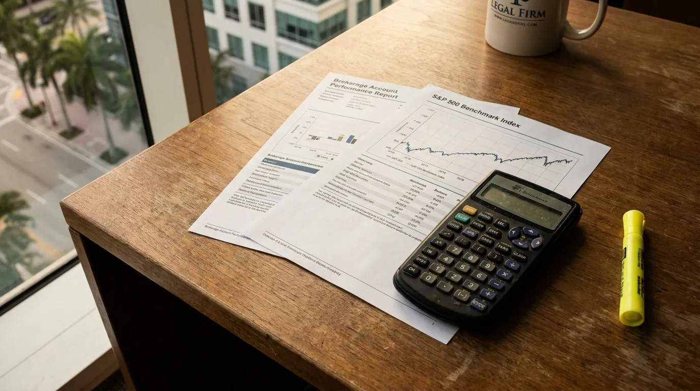 Brokerage Account Performance Report and S&P 500 Benchmark Index documents with calculator on desk